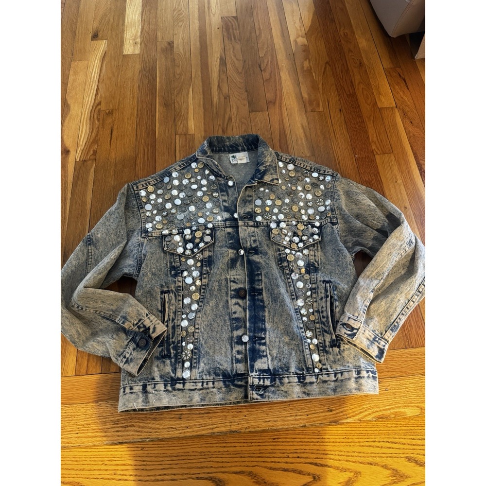 Vintage Women's Studded Acid Wash Denim Jacket‎ OSFA Rhinestones Celeste Stein